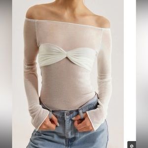 Off the shoulder long sleeve mesh top